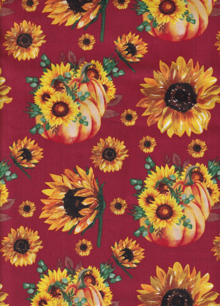 Ramos de girasoles y calabazas sobre fondo burdeos, 100 % algodón. Precio por yarda.