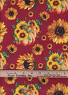 Sunflower Bouguets and Pumpkins on Burgundy 100% Cotton Price per Yard