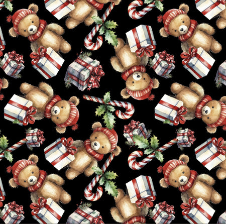 Ositos navideños y bastones de caramelo en impresión digital sobre fondo negro