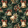 Campanillas doradas navideñas y hojas de acebo sobre fondo verde