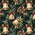 Campanillas doradas navideñas y hojas de acebo sobre fondo verde