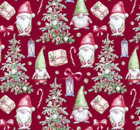 Gnomos navideños alegres sobre fondo rojo