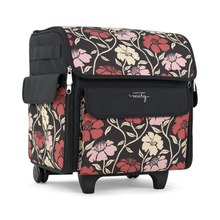 Everything Mary Rolling Serger Tote with Wheels in Red & Tan Floral – Serger Machine Carrying Case with Securing Strap for Travel & Classes