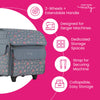 Bolso con ruedas «Everything Mary Rolling Serger Tote» en gris con estampado floral acolchado – Funda de transporte para máquina de overlock con correa de sujeción, ideal para viajes y clases