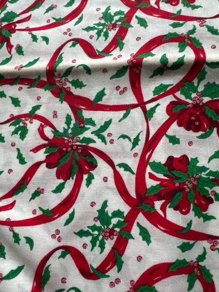 Christmas Vintage Holly Ribbons on Cream 100% Lightweight Cotton Price per Yard