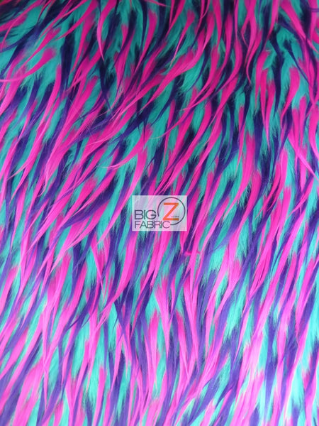 Neon Pink Purple On Aqua 3 Tone Spiked Shaggy Long Pile Faux Fur Fabric / Sold by The Yard||color:Pink/Purple/Aqua