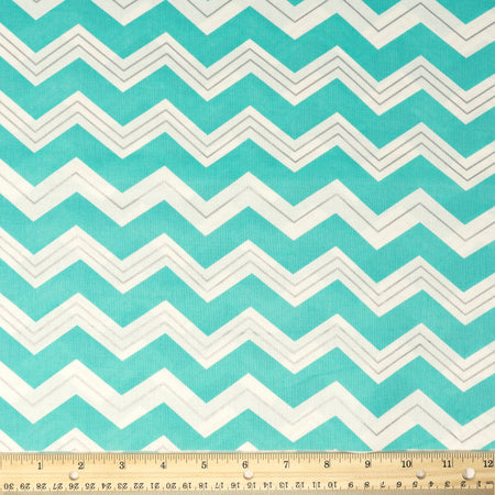 Stitch & Sparkle, 100 % algodón, 44" de ancho, se vende por yardas, diseño en zigzag azul aguamarina, blanco y plateado