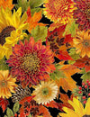 Packed Harvest Bouquet on Black Metallic 100% Cotton Price per Yard