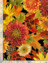 Packed Harvest Bouquet on Black Metallic 100% Cotton Price per Yard
