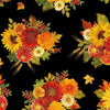 Harvest Bouquet on Black Metallic 100% Cotton Price per Yard