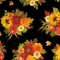 Harvest Bouquet on Black Metallic 100% Cotton Price per Yard