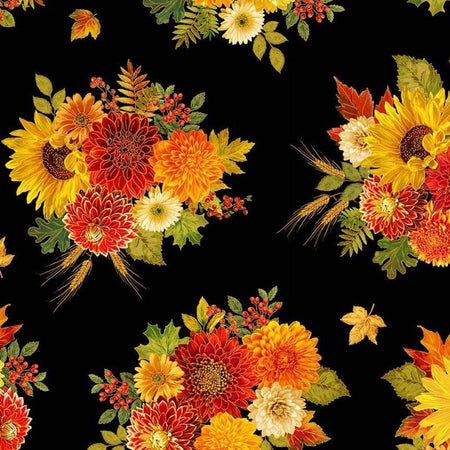 Ramo «Harvest» sobre fondo negro metalizado, 100 % algodón. Precio por yarda