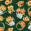 Fall Blooms Metallic Flowers in Watering Can Emerald Gold on Green 100% Cotton Sold by the Yard