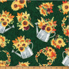 Fall Blooms Metallic Flowers in Watering Can Emerald Gold on Green 100% Cotton Sold by the Yard