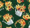Fall Blooms Metallic Flowers in Watering Can Emerald Gold on Green 100% Cotton Sold by the Yard