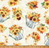 Fall Blooms Metallic Flowers in Watering Can on Cream 100% Cotton Sold by the Yard