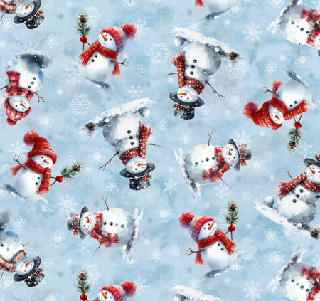 «Cozy Tidings»: Muñecos de nieve revoloteando sobre fondo azul