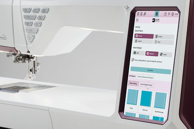 Sewing machine with a digital display showing sewing software interface.