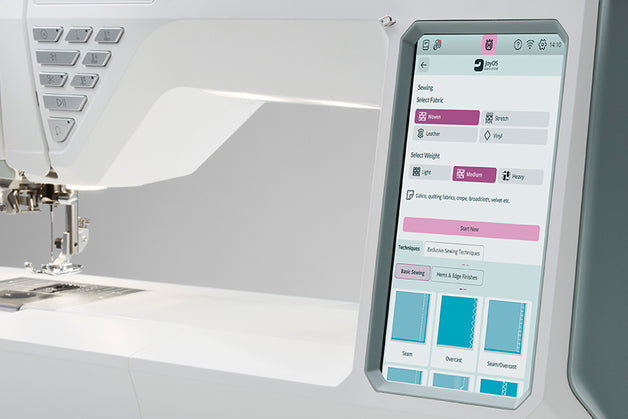 Sewing machine with a digital display showing settings and options.
