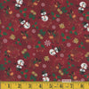 Navidad, muñecos de nieve, renos, campanas y caramelos sobre fondo rojo, 100 % algodón. Precio por yarda.