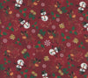 Navidad, muñecos de nieve, renos, campanas y caramelos sobre fondo rojo, 100 % algodón. Precio por yarda.