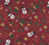 Navidad, muñecos de nieve, renos, campanas y caramelos sobre fondo rojo, 100 % algodón. Precio por yarda.