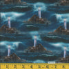 Tela de doble cara preacolchada «Lighthouse Galaxy» en color verde azulado sobre azul, vendida por yardas. Tela decorativa