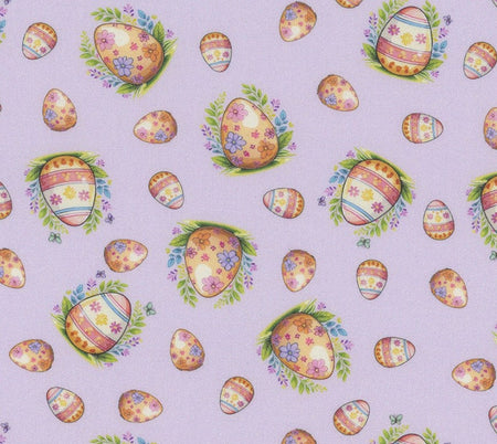 Huevos de Pascua alegres sobre fondo de lavanda púrpura, 100 % algodón. Precio por yarda.