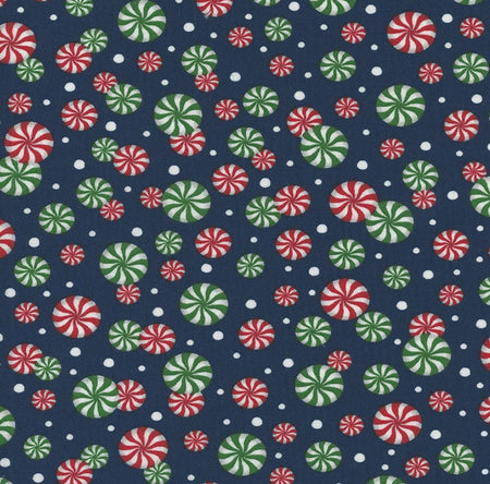 Christmas Red and Green Peppermints on Blue 100% Cotton Price per Yard