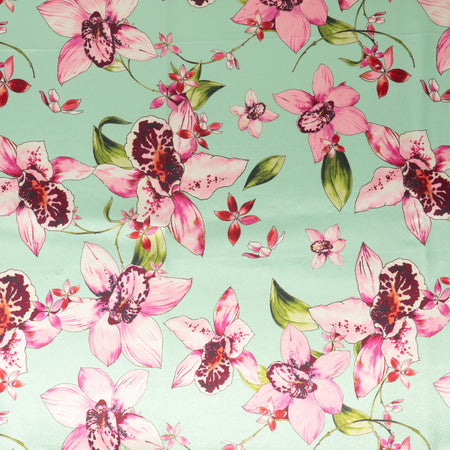 Stitch & Sparkle 100% Polyester, 57" Wide Charmeuse, Orchid All Over Mint, Cut By Yard