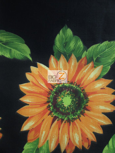 Tela de poliéster y algodón negra con estampado de girasoles