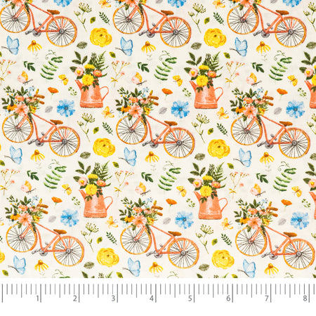 Tela SINGER®, 100 % algodón, 44 pulgadas de ancho, diseño «Bicicletas y jardinería» en blanco, vendida por yardas