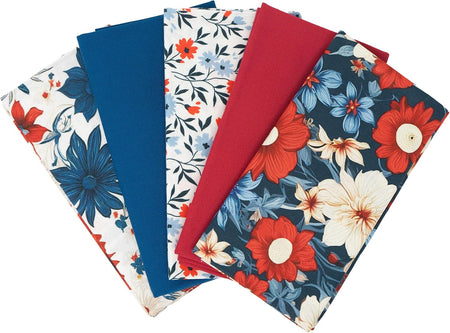 Tela SINGER®, 100 % algodón, 18 x 21 pulgadas, lote de 5 «fat quarters», diseño «Patriotic Flowers»