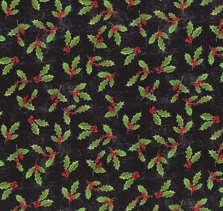 Touch of Splendor Holly on Black 100% Cotton Price per Yard