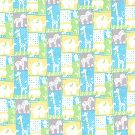 Estampado «Jungle Patch» sobre fondo azul para bebé, 100 % algodón. Precio por yarda.