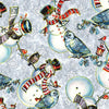 Muñecos de nieve con búhos sobre fondo azul, 100 % algodón. Precio por yarda
