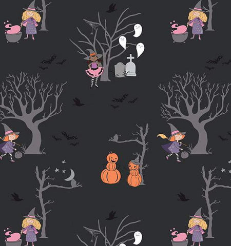 Árboles de brujas de Halloween: calabazas brillantes sobre fondo negro. 100 % algodón. Precio por yarda.
