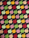 Manzanas a cuadros sobre fondo negro, 100 % algodón. Precio por yarda