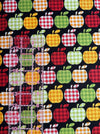 Manzanas a cuadros sobre fondo negro, 100 % algodón. Precio por yarda