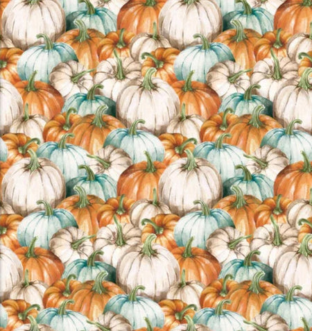 Calabazas apiladas, blanco, verde azulado, naranja, 100 % algodón. Precio por yarda