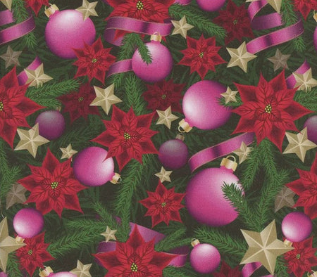 Adornos navideños rosas y cintas con flores de pascua sobre tela verde 100 % algodón. Se vende por yardas.