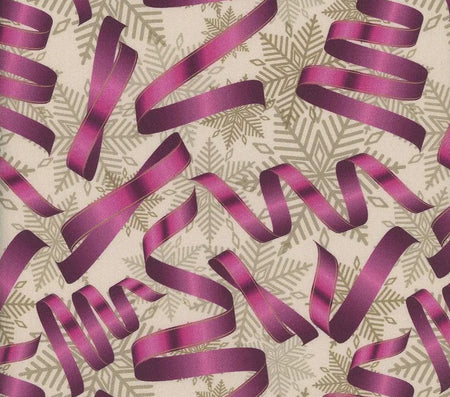 Christmas Pink Ribbons Silver Snowflakes on Cream 100% Cotton Fabric By the yard