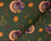 Tela de algodón 100 % con motivos de pavo y calabazas de Acción de Gracias sobre fondo verde otoñal