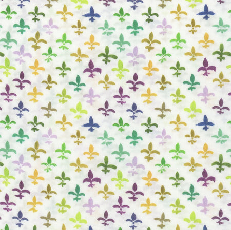 Tela de carnaval con motivos de flor de lis sobre fondo blanco, 100 % algodón. Se vende por yardas. Tela decorativa.