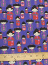Tejido de poliéster y algodón de color morado con motivos culturales de geishas orientales