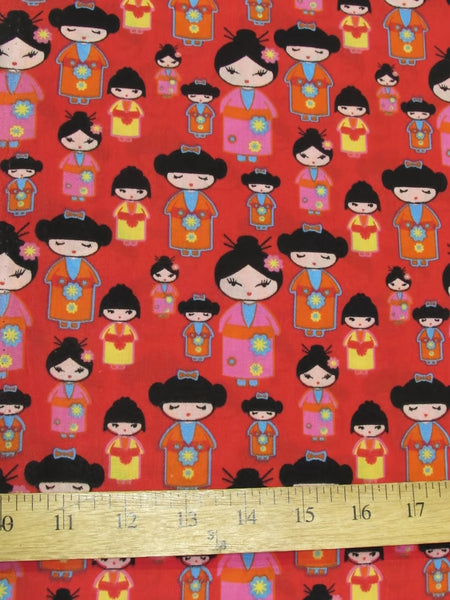 Tejido de poliéster y algodón rojo con motivos culturales de geishas orientales