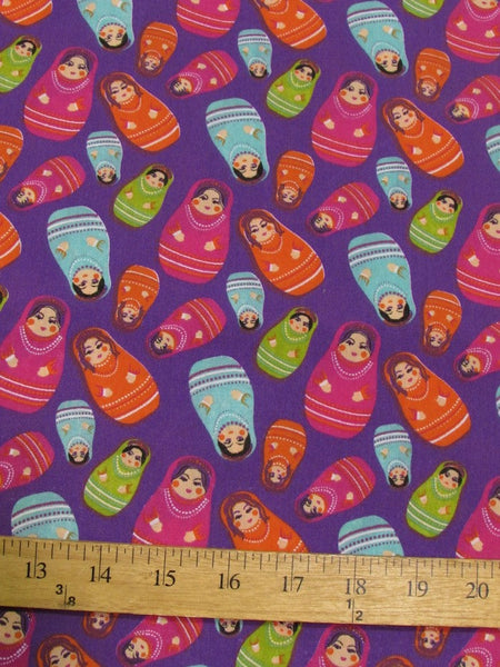 Russian Matryoshka Doll Magenta Polyester Cotton Fabric