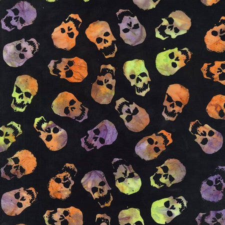 Halloween: calaveras de batik en colores neón sobre tela Tonga negra