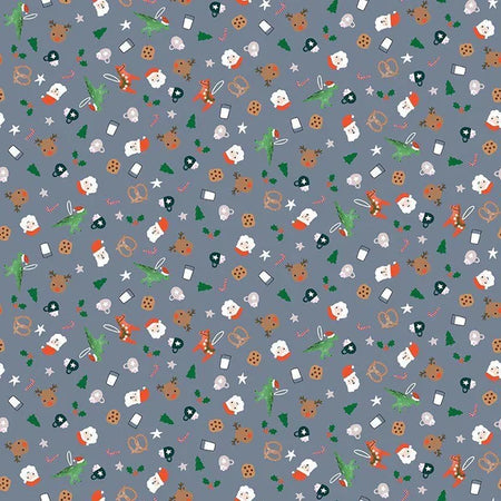 Iconos de la colonia de Papás Noel navideños sobre fondo azul, 100 % algodón. Precio por yarda