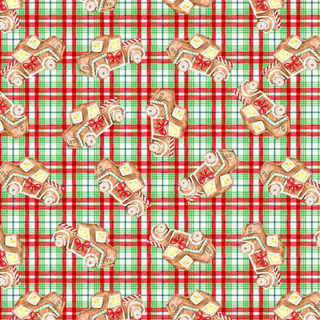 Christmas Gingerneering Gingerbread Trucks Plaid on Cream 100% Cotton By the yard
